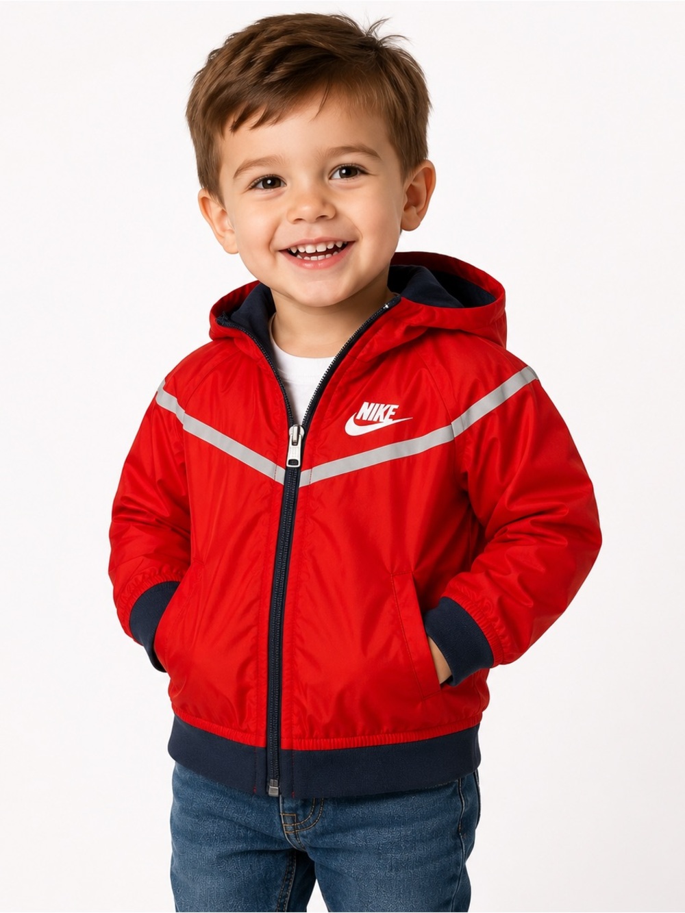 Nike Kids Red Hooded Reflective Windbreaker Jacket 3T Unisex